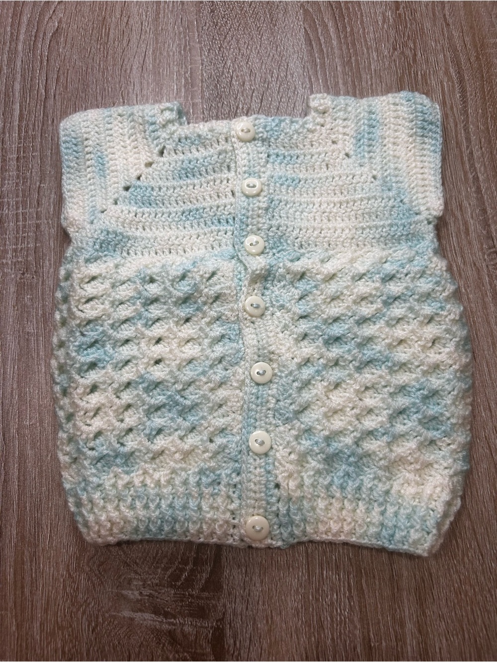 Handmade Crochet Baby Vest in White and Light Blue